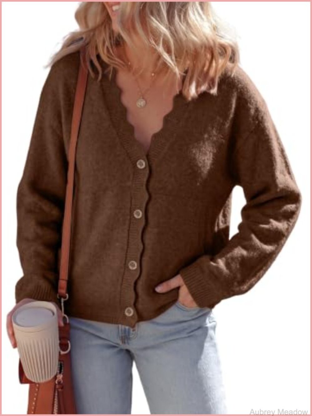 Ruffle Edge Button Cardigan Women's Oversized Knit Long Sleeve V-Neck with